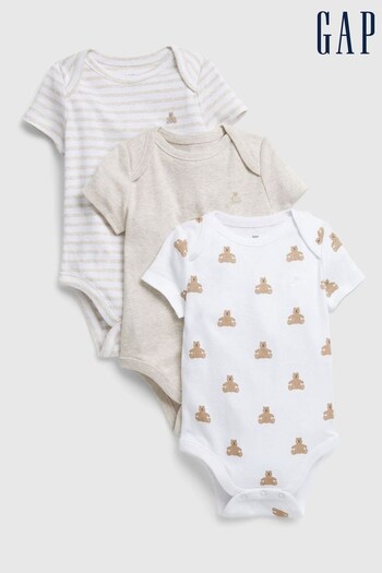 Gap White & Beige 3 Pack Short Sleeve Baby Bodysuits (K13945) | £20