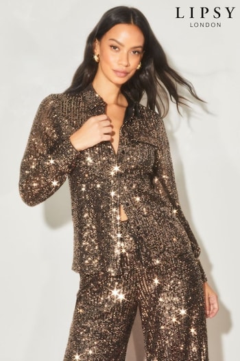 Lipsy Brown Sequin Front Pocket Button Through Shirt (K14499) | £50