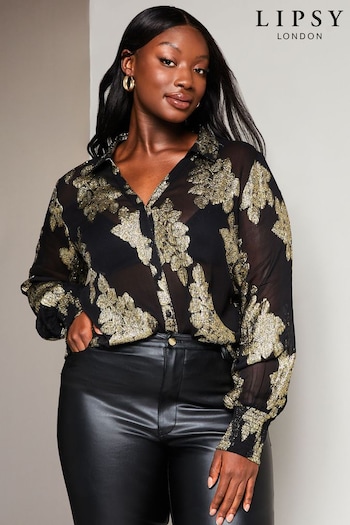 Lipsy Black Curve Foil Metallic Long Sleeve Button Through Shirt (K14549) | £55