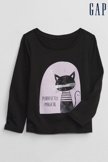 Gap Black Cat Graphic Cat Long Sleeve Crew Neck T-Shirt (K14845) | £8