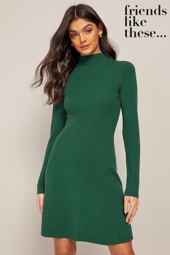 Friends Like These Green Long Sleeve Fit and Flare Knitted Midi Dress (K15082) | £45