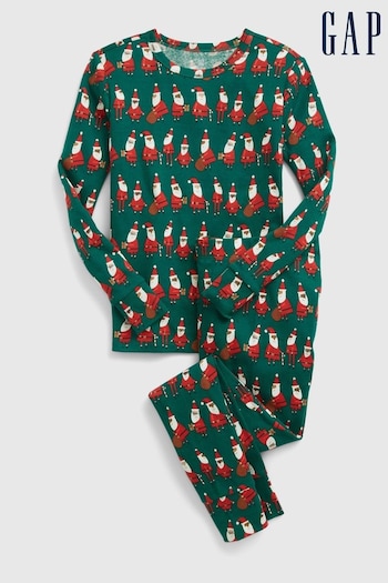 Gap Green Christmas Santa Print Long Sleeve Pyjama Set (K15246) | £25