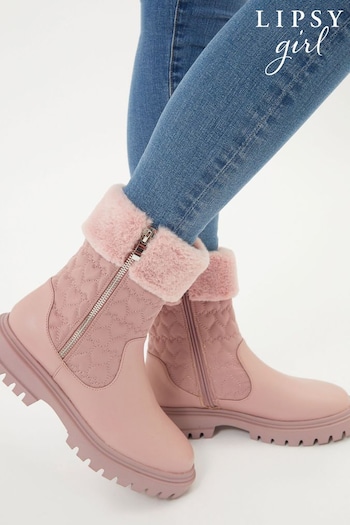Lipsy Girl Pink Flat Faux Fur Trim Ankle Boot (K15689) | £35 - £41