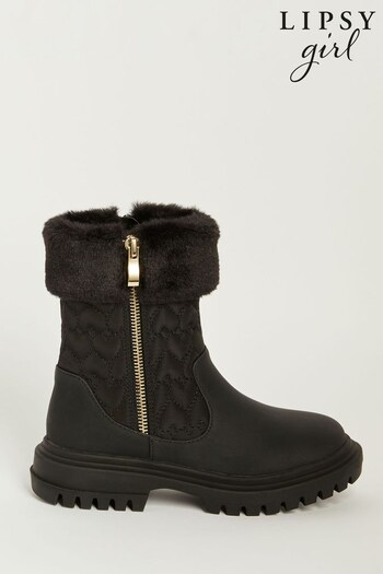 Lipsy Girl Black Flat Faux Fur Trim Ankle Boot (K15691) | £35 - £41