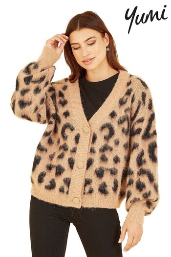 Yumi Brown Leopard Intarsia Brushed Cardigan (K16649) | £55