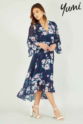 Yumi Blue Watercolour Floral Dip Hem Midi Dress (K16660) | £62