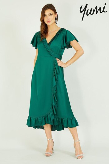 Yumi Green Satin Wrap Midi Dress (K16665) | £60