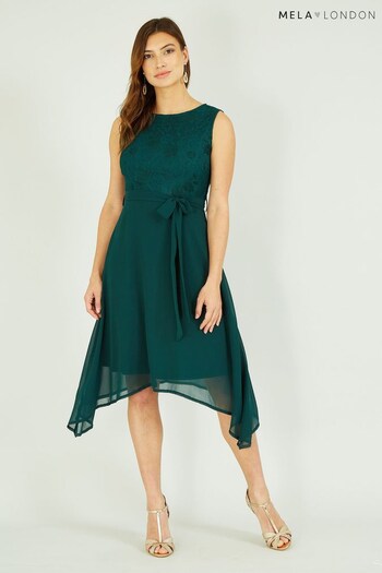 Mela Forest Green Lace And Woven Dipped Hem Dress (K16684) | £52