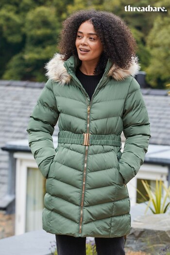 Threadbare Green Belted Padded Parka Jacket With Faux Fur Trim Hood (K16854) | £65