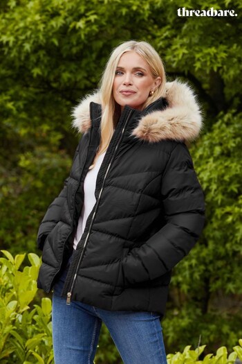Threadbare Black Short Padded Parka Jacket With Faux Fur Trim Hood (K16856) | £60