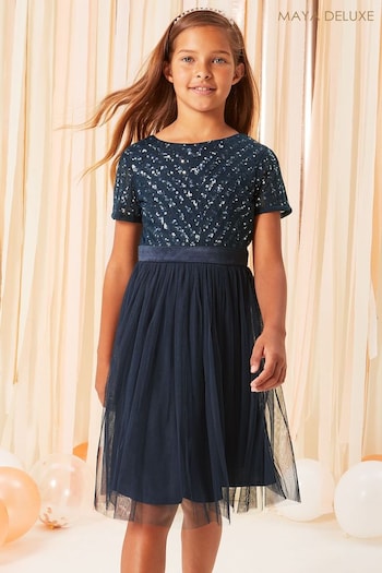 Maya Navy Blue Chevron Sequin Midi Party Dress - Girls (K17072) | £59