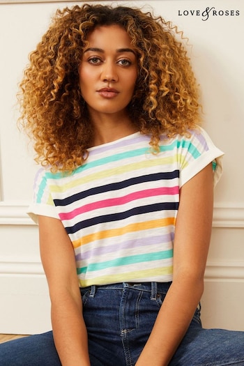 T-Shirts & Tops Ivory Stripe Roll Sleeve Round Neck T-Shirt (K17091) | £20