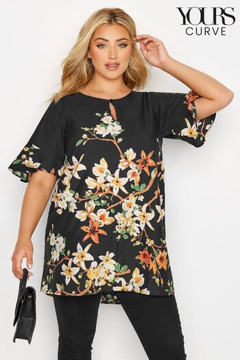 Yours Curve Black Frill Sleeve Keyhole Neck Top (K17321) | £12.50