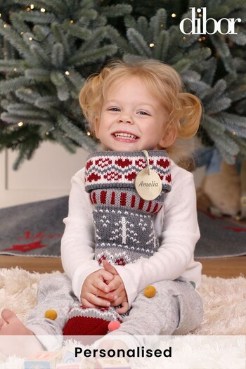 Personalised Grey Fairisle Chunky Knit Christmas Stocking by Dibor (K17500) | £16