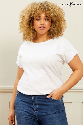 Love & Roses White Curve Roll Sleeve Round Neck T-Shirt (K17669) | £11