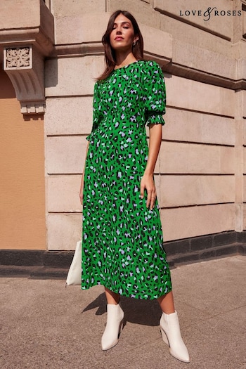 Socks & Tights Green Animal Empire Bust Round Neck Puff Sleeve Midi Summer Dress (K18370) | £49
