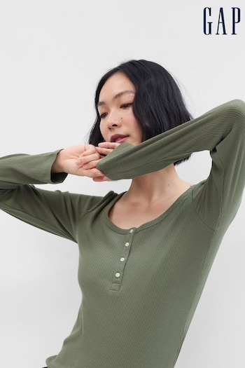 Gap Green Ribbed Henley Button Long Sleeve Scoop Neck T-Shirt (K18611) | £25