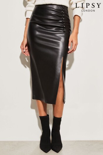 Lipsy Black Petite Faux Leather Ruched Split Midi Skirt (K18877) | £46