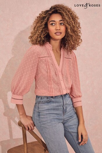Wrapping Paper & Gift Bags Blush Pink Dobby Lace Trim 3/4 Sleeve Button Through Blouse (K19234) | £36