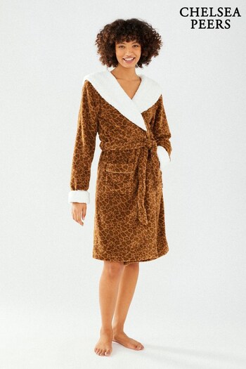 Chelsea Peers Brown Mocha Leopard Print Fluffy Hooded Dressing Gown (K19608) | £45