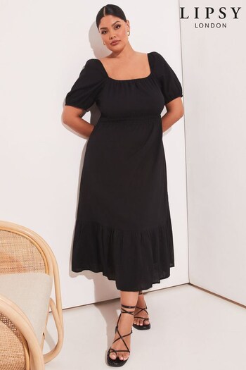 Lipsy Black Curve Linen Look Puff Sleeve Midi Mini Dress (K19965) | £25