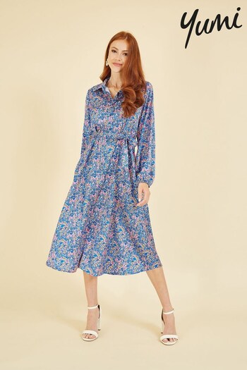 Yumi Blue Ditsy Print Long Sleeve Midi Shirt Dress (K20098) | £60