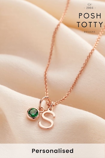 Personalised Birthstone & Initial Letter Charm Necklace by Posh Totty Designs (K20319) | £57