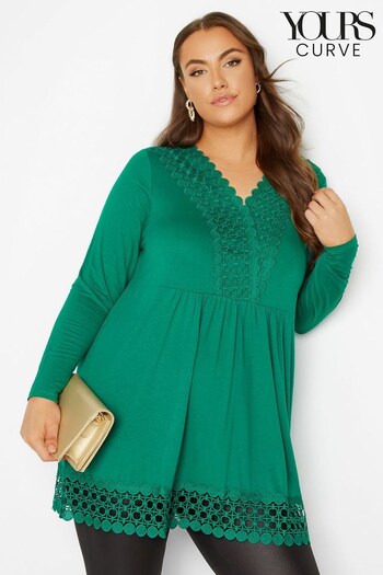 Yours Curve Green Long Sleeve Crochet Trim Tunic (K20878) | £29