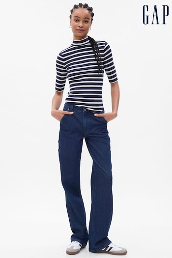 Gap Navy/Blue Ribbed Stripe Short Sleeve Mock Neck T-Shirt (K21119) | £22