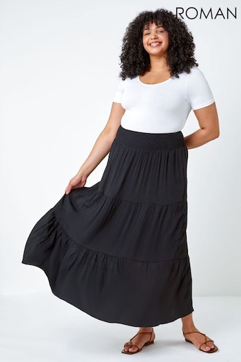 Roman Black Curve Stretch Waist Tiered Maxi Skirt (K21276) | £32
