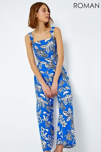 Roman Blue Floral Print Stretch Shirred Jumpsuit (K21378) | £40