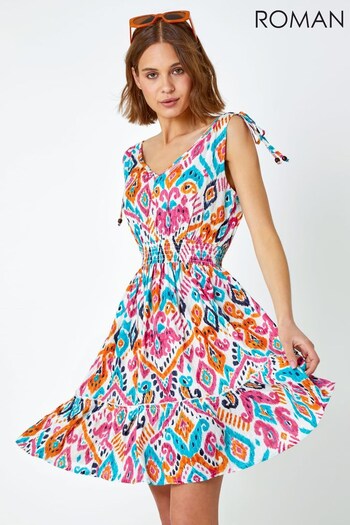 Roman Pink Multi Aztec Print Shirred Stretch Dress (K21382) | £38