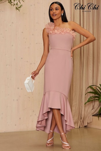 Chi Chi London Pink One Shoulder Organza Bodycon Midi Dress (K21393) | £95