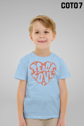 Coto7 Sky Blue Peace Love Floral Heart Kids T-Shirt (K21684) | £18
