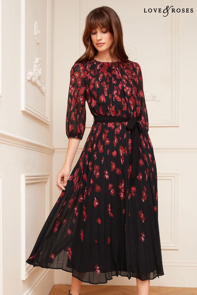 Love & Roses Black Animal 3/4 Sleeve Printed Pleated Belted Midi Dress (K21840) | £72