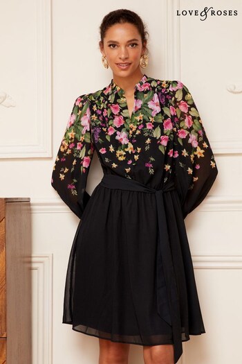 Love & Roses Black Floral Long Sleeve Belted Chiffon Mini Dress (K21841) | £58