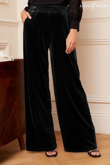 mens cotton pants with elastic waist Black Velvet Side Button Tag Wide Leg Trousers (K21849) | £34