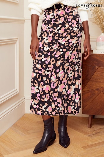 Love & Roses Black Animal Jersey Floral Summer Midi Skirt (K21851) | £32