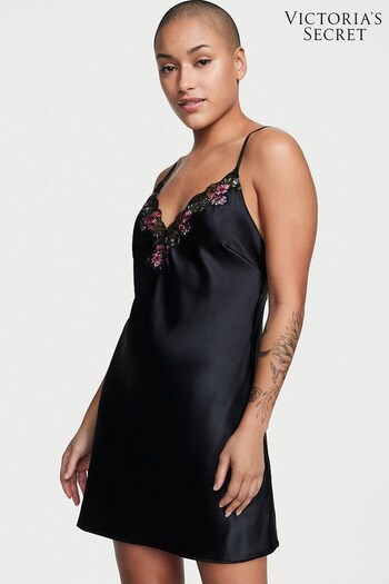 Victoria's Secret Black Satin Embroidered Slip Dress (K22298) | £75