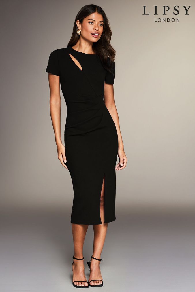 Elaine Midi Dress - Short Sleeve Slim Fit Bodycon Dress in Black | Showpo  USA