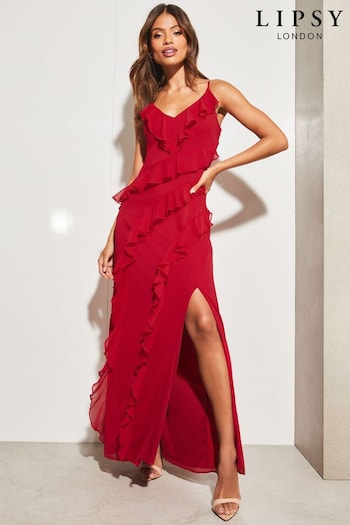 Lipsy Red Ruffle V Neck Strappy Maxi denim Dress With Split (K22602) | £85