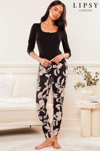 Lipsy Black Jersey Henley Long Sleeve Pyjamas (K22637) | £36