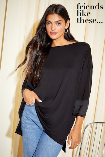 T-Shirts, Polos & Vests Black Soft Jersey Long Sleeve Satin Trim Tunic Top (K22678) | £25