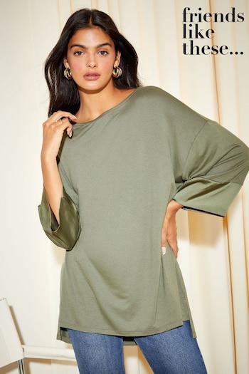 All Tops & T-Shirts Khaki Green Soft Jersey Long Sleeve Satin Trim Tunic Top (K22679) | £25