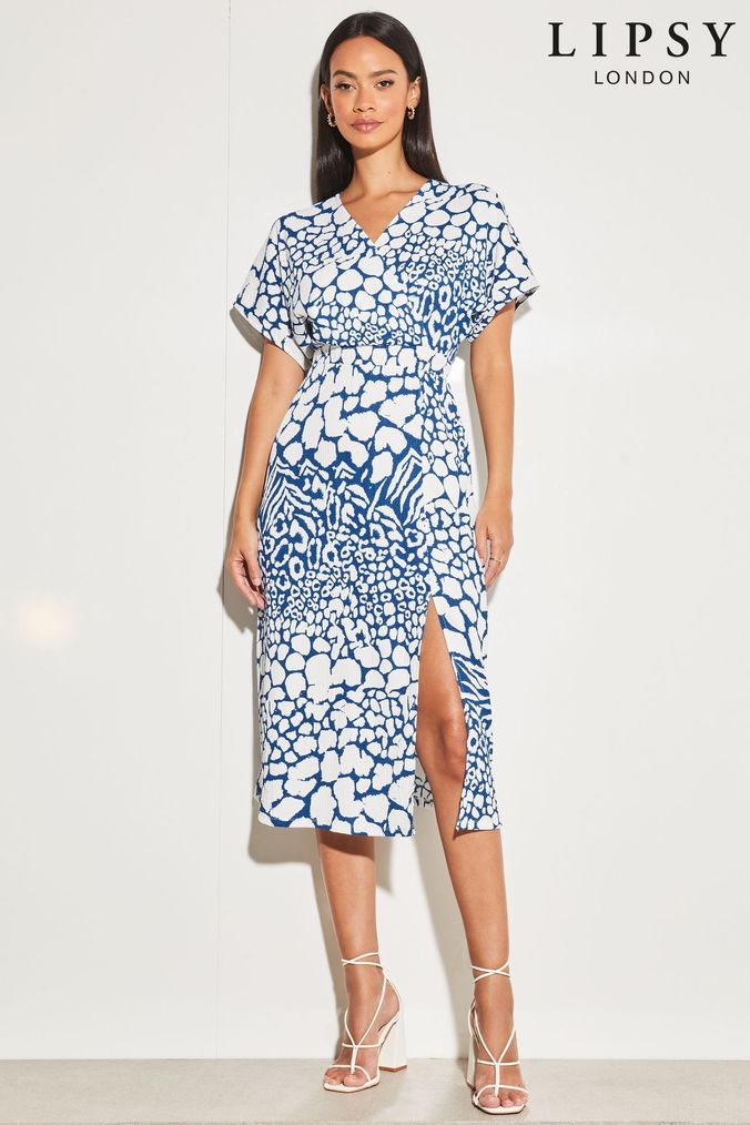 Lipsy Blue Printed Wrap Style Short Sleeve Midi Dress (K22684) | £42