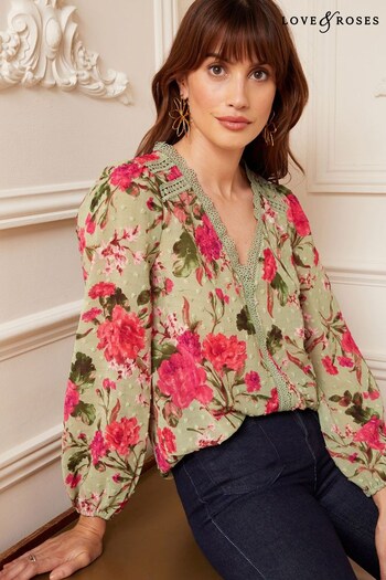 Foot Measuring Tool Green Floral V Neck Lace Long Sleeve Lace Trim Dobby Blouse (K22690) | £38