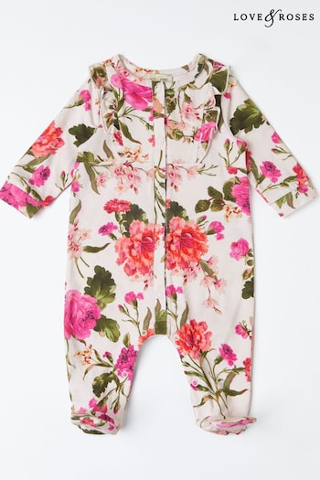 Love & Roses Cream Floral Baby Printed Ruffle Sleepsuit (K22697) | £14 - £16