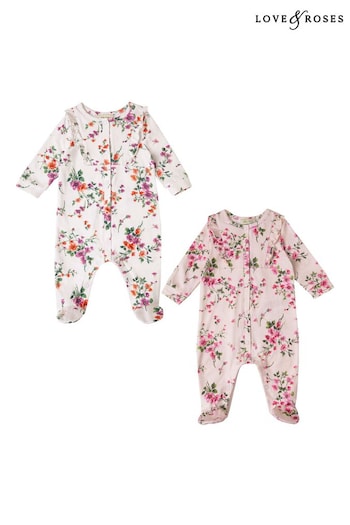 Love & Roses Pink/White Floral Baby 2 Pack Printed Ruffle Sleepsuit (K22700) | £26 - £28
