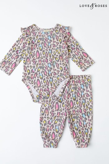 Love & Roses Cream Animal Baby Printed Ruffle Bodysuit And Legging Set (K22701) | £22 - £30