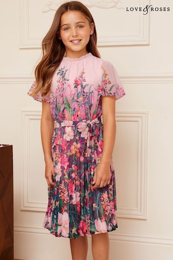 Love & Roses Pink Ombre Printed Flutter Sleeve Dress (K22705) | £40 - £48